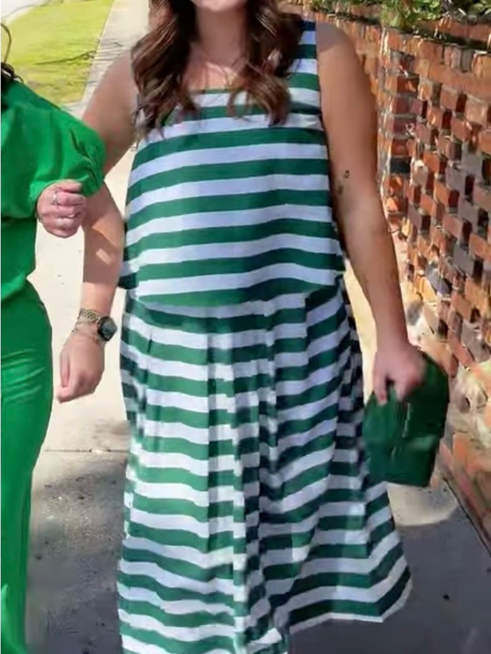 Green and White Striped Sleeveless Midi Skirt Set